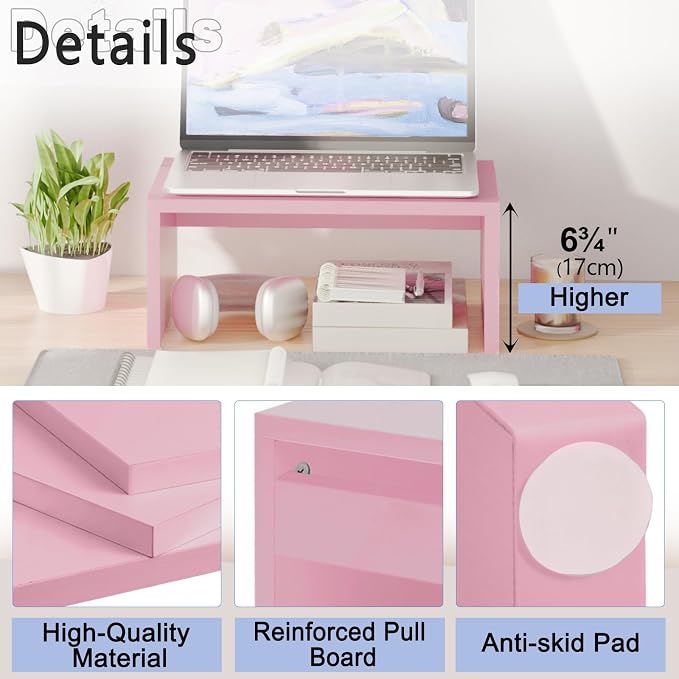 TEAMIX Pink Monitor Stand - 6.7 inch Tall, Wood Riser, Desktop Organizer