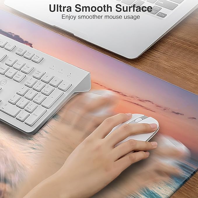 Wireless Charging Mouse Pad, 31.5"x15.8" in, Beach Sunset | Anti-Fray Stitched Edges, Waterproof Premium Textured Surface, Non-Slip Rubber Base, with 20W PD Adapter