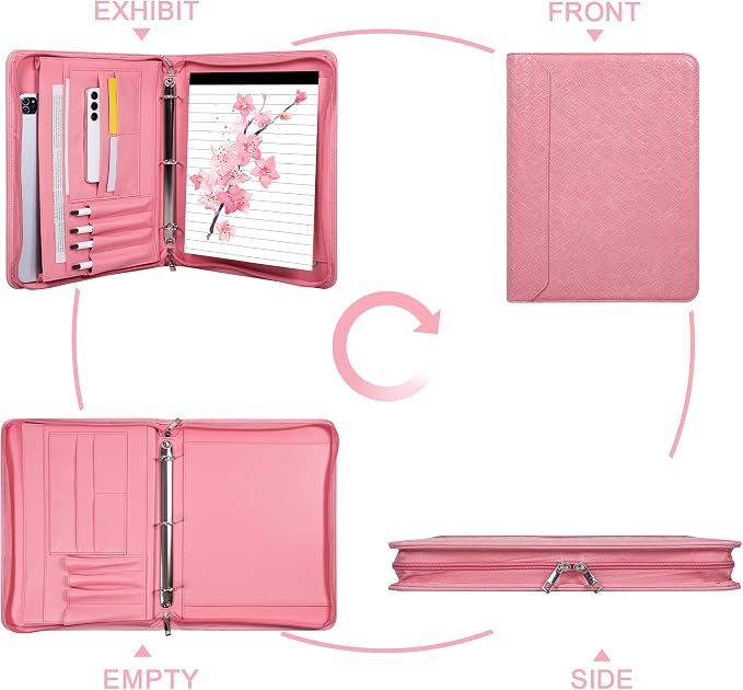Fashionable Mesh Super Pink PU Padfolio, Vegan Leather Binder Portfolio for Women, 3 Ring Padfolio with Zipper, A4 Planner Binder Laptop Pocket, Legal Size Portfolio, Christmas Gift
