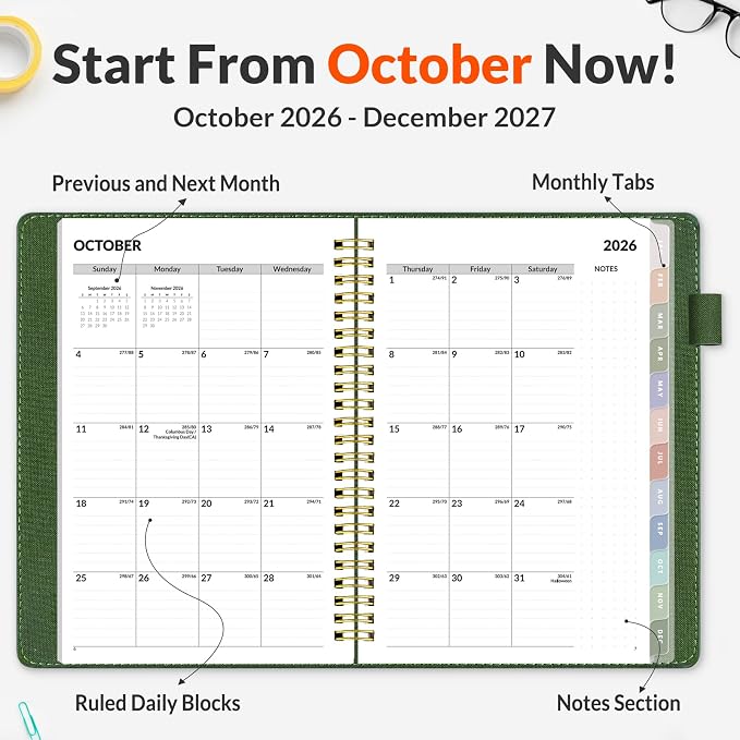 SUNEE 2027 Weekly & Monthly Planner 6.2"x8.5"- 12 Month (January 2027 - December 2027), Vegan Leather Cover, Pocket, Bookmark, Notes, Monthly Tab, Deep Green