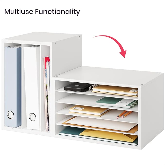 Ballucci 5 Tier Paper Organizer Letter Tray, Wood Desk File Organizer with Adjustable Shelves, Home Office School Letter/A4 Mail Sorter Magazine Holder - White