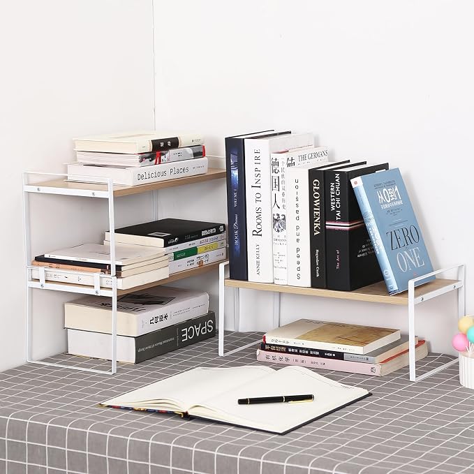 YGYQZ Desk Shelf Organizer for Top of Desk, 1-Tier Desktop Bookshelf, White & Wood