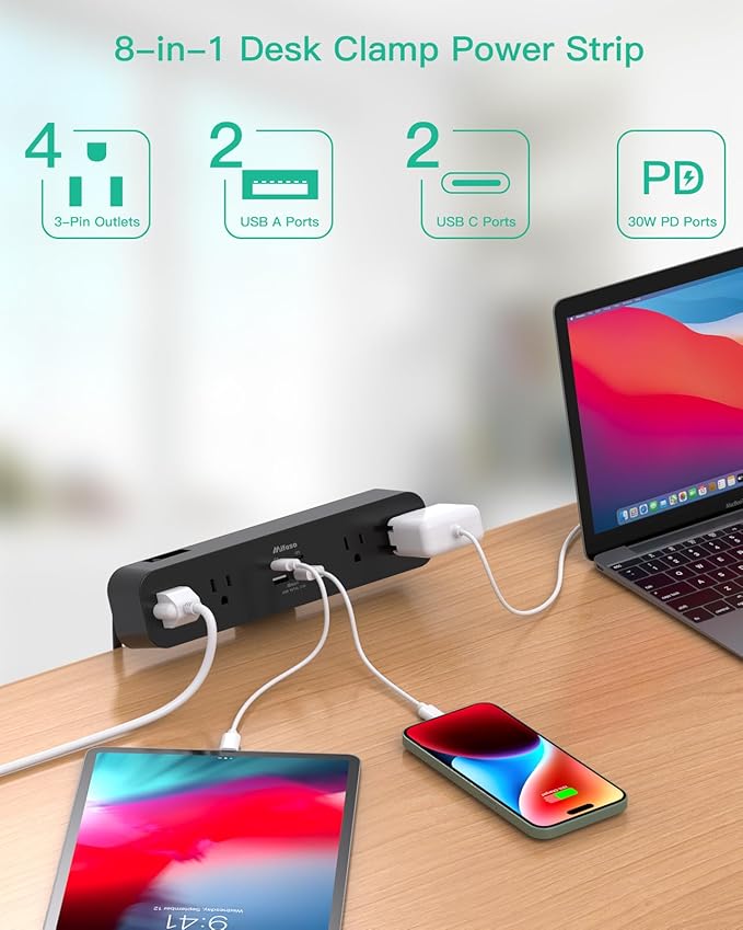 PD30W Desk Clamp Power Strip, Desktop Mount Surge Protector, Fast Charging Station, 5Ft Extension Cord Desk Mount Shelf with 4 Outlets 4 USB Ports (2 USB C), Home Office Accessories Essentials, Black