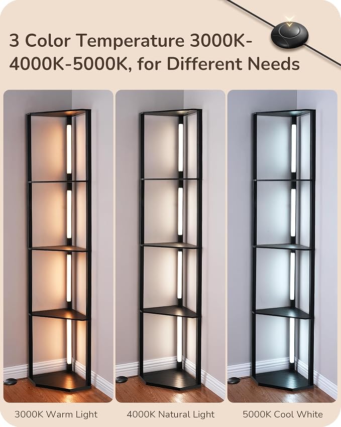 EDISHINE 64'' Corner Display Shelf Floor Lamp, 3CCT, Floor Lamp, Black | Stepless Dimming, Modern 4-Layer Shelf, Foot Switch, 3000K-4000K-5000K, Tall Corner Lamp for Bedroom, Office, Dining Room