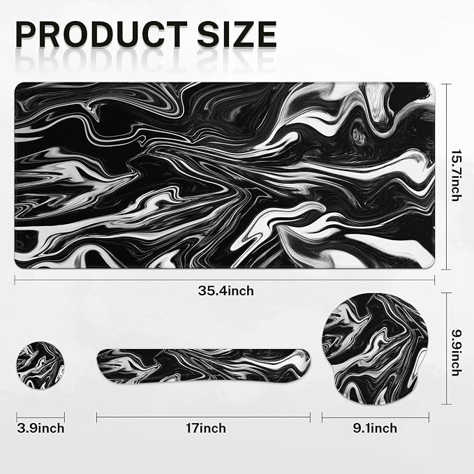 Keyboard Mouse Pad Set, 4 in 1 Desk Mat Set, Black White Marble | Large Mousepad+Keyboard Wrist Rest+Mouse Wrist Rest+Coaster Ergonomic Design for Home Office Computer