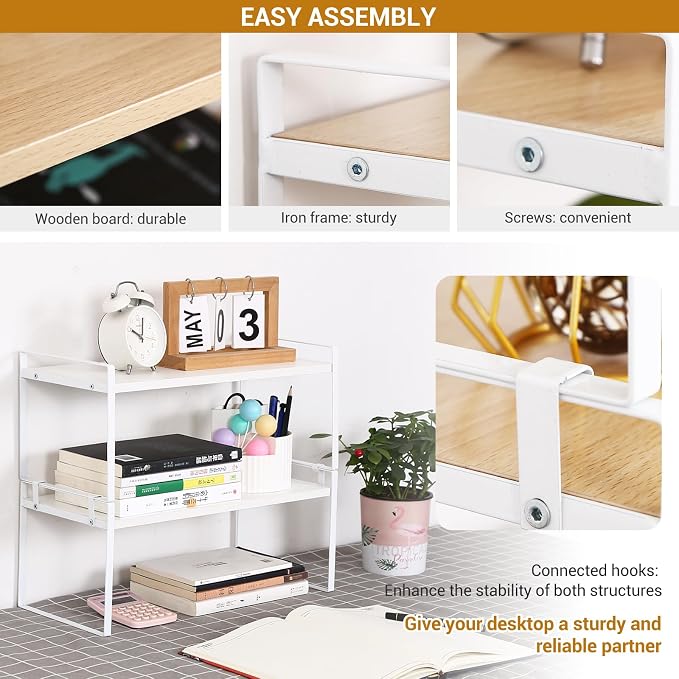 YGYQZ Desk Shelf Organizer, 2-Tier Desktop Bookshelf, White | Detachable Design, 2-Tier Storage, Multi-Use Desktop Shelf, Compact Organization, Ideal for Office, Dorm & Home