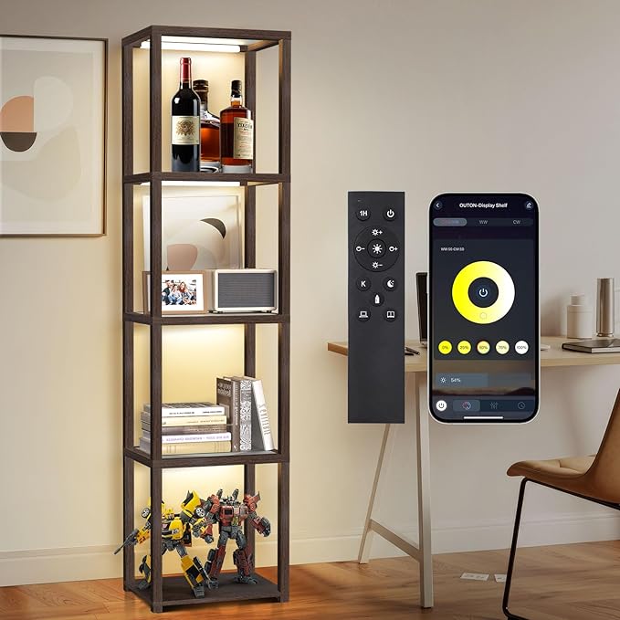 OUTON 67" Glass Display Shelf with Dimmable LED Floor Lamp, Collectibles Display Cabinet with Remote & App Control, 5 Tier Open Bookshelf Lamp for Living Room, Bedroom, Office, Home Decor, Walnut