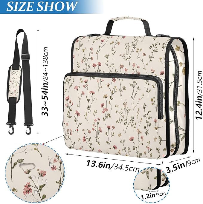 Vintage Wildflorals 3 Ring Zipper Binder with Handle 1.5 inch Binder Organizer, Multi Pockets Office File Folder with Shoulder Strap 500 Sheet Capacity