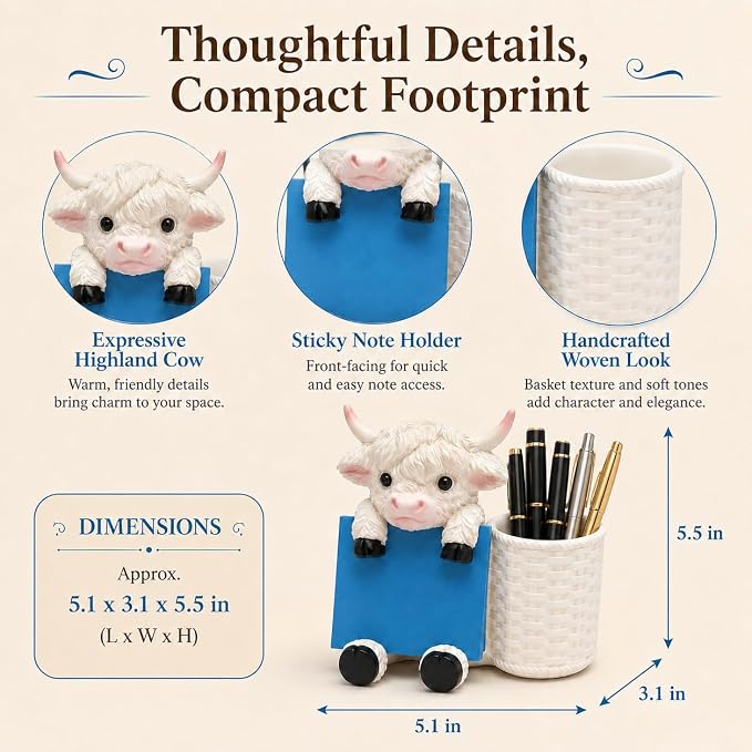 Highland Cow Note Pad Dispenser with Pen Cup, Desk Organizer | Cute highland cow note pad dispenser with pen cup, perfect for desks, offices, classrooms, and cow lover gifts.