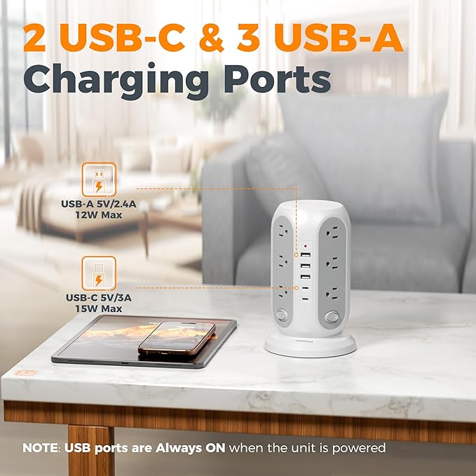 TESSAN Tower Power Strip Surge Protector, Flat Extension Cord 6 Ft, Grey | Individual Switches with 12 Outlets, 5 USB Ports(2 USB C), Flat Plug, Charging Station for Multiple Devices, Office, Dorm