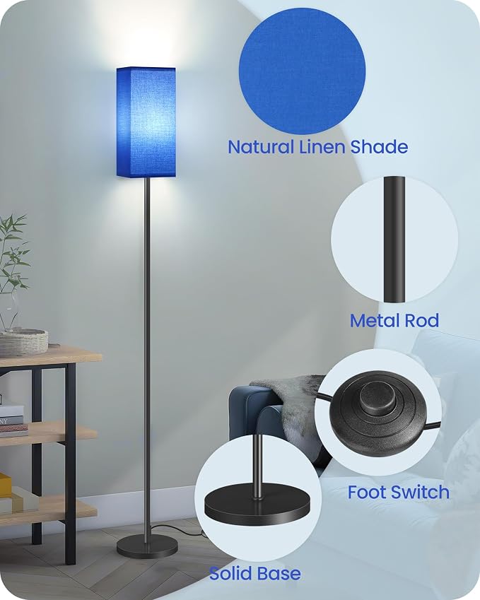 Floor Lamp, Pole Lamp with Foot Switch, Modern Standing Lamp Shade, Minimalist Freestanding Lamp (Bulb Not Included), for Living Room, Bedroom Office ETL Listed, Blue and Black U07LD05