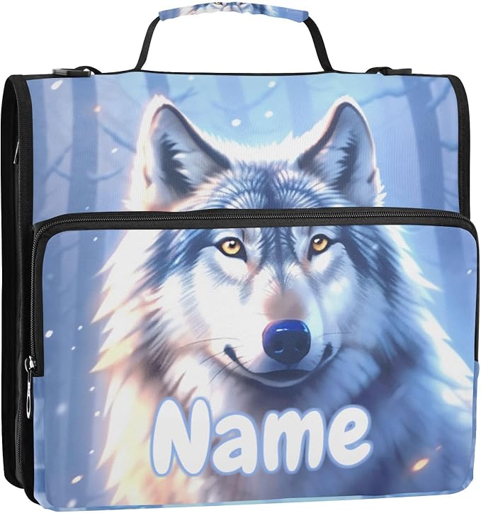 Custom Wolf Winter 3 Ring Binder Bag 1.5 inch Personalized Name Binder Organizer 500 Sheet Documents Storage for School Office