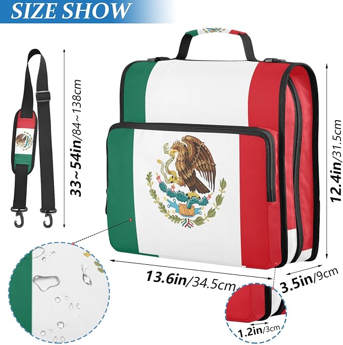 Fisyme Mexico Flag Zipper Binder 3 Ring with Zipper and Shoulder Strap Large Capacity Multi-Pocket Binder Organizer