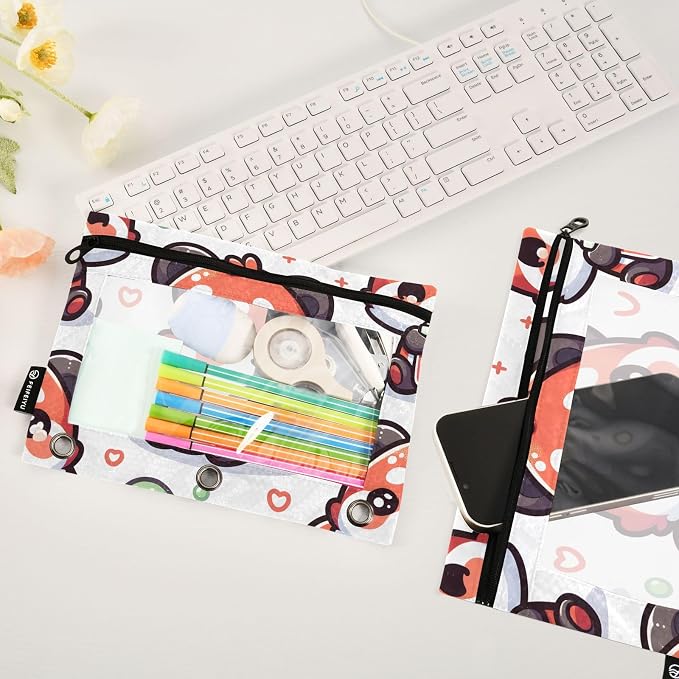 Cute Red Panda Bubbles Pencil Pouch for 3 Ring Binder, 2 Pack Waterproof Pencil Bags Clear Window Pencil Case Zipper School Office Supplies
