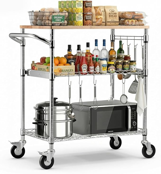 VEVOR Kitchen Utility Cart, 3-Tier Rolling Kitchen Cart with Wood Tabletop and Handle Bar, 661 lbs Capacity Heavy Duty Adjustable Wire Storage Rack, Steel Service Trolley on Wheels, 30 x 18 x 36 in