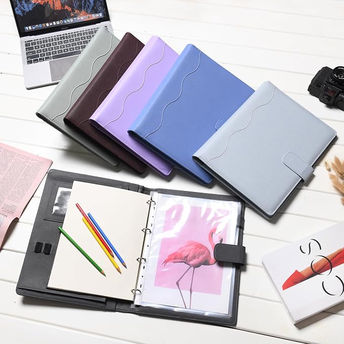 Wonderpool A4 PU Leather Ring Holder Writing Portfolio Multi Document Case with Removable Binder Clipboard and Functional Pocket for Organizer Office Travel School (Gainsboro)