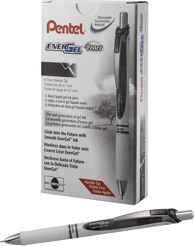 Pentel EnerGel Pearl RTX Retractable Liquid Gel Pen, (0.7mm), Medium Line, Needle Tip, Black Ink, 12 pack (BLN77PW-A)