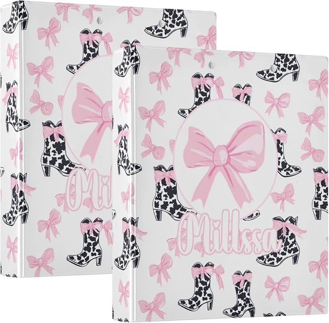 Pink Bows 3 Ring Binder with Clipboard Round Ring Binders Black Cow Name Custom Binder 3 Interior Clear Pockets for Office Supplies 1 Pack