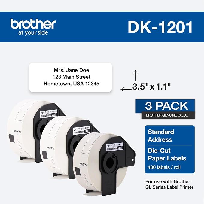 Brother Printer Genuine Die-Cut Standard Rolled Address Labels QL Printer, (DK12013PK), 3 Pack Roll