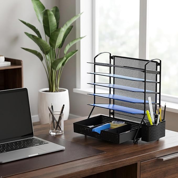 Simple Houseware 6-Tier Desk File Organizer w/Drawer & Pen Holder, Black | 5 Tilted Letter Trays for A4 Paper, Mail and Documents
