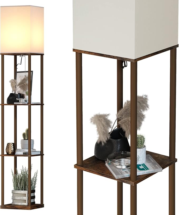 SUNMORY Floor Lamp with Shelves, Standing Lamps for Living Room, Brown | 3 CCT LED Bulb Include, 4-Tier Display Bookshelf, 63" Tall Corner Shelf Lamp, Modern Style for Bedroom, Office, Home Decor