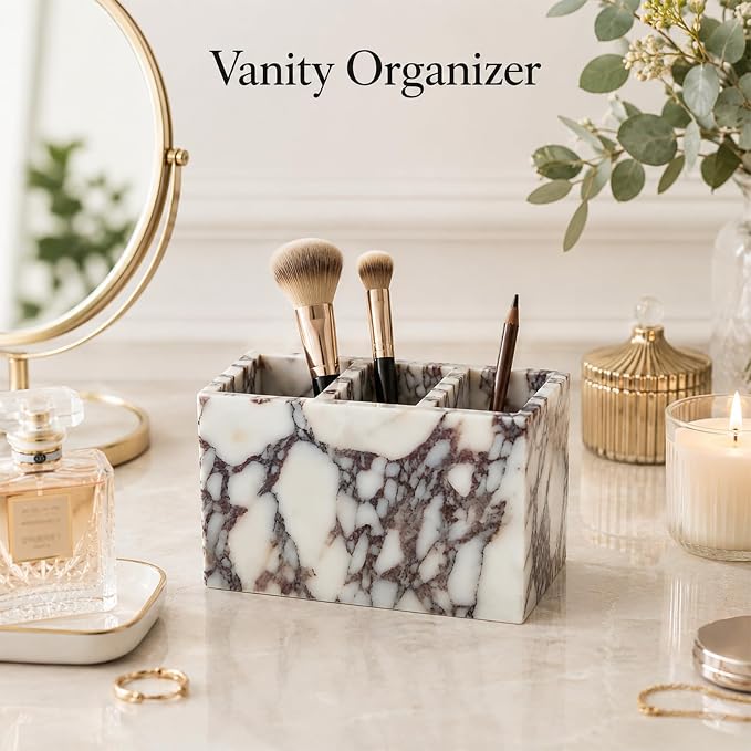 3-Compartment Natural Marble Desk Organizer, 5.91 in | 3-Compartment Natural Marble Organizer for Pens, Brushes and Small Items