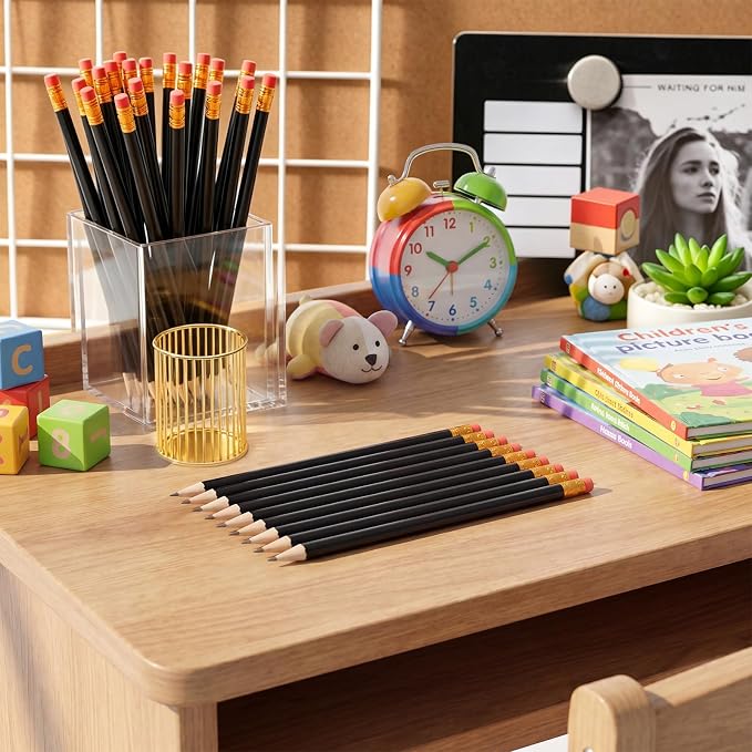 Outus 144 Pieces Round Pencils Cute HB Graphite Wood Pencils Bulk with Eraser for School Writing Drawing Sketching Wedding Office Supplies(Black)