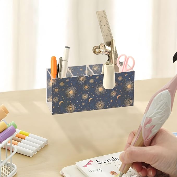 Sun Moon Star Acrylic Pencil Pen Holder Desk Accessories Holder, Cosmetic Brush Organizer Modern Design Desktop Stationery Organizer for Office School and Home 7.87 x 2.48 x 3.54 In