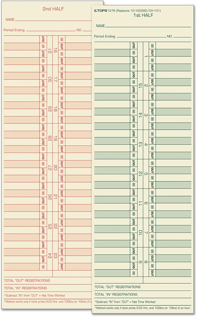 TOPS Time Cards, Semi-Monthly, 2-Sided, 3-1/2" x 10-1/2", Manila, Green/Red Print, 500-Count (1276)