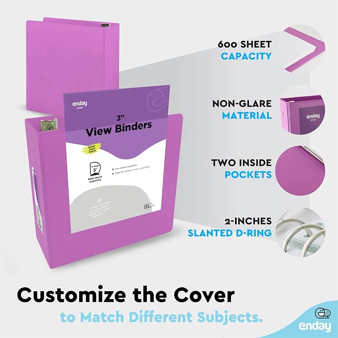 Enday 3 inch Binder (12 Pack - Purple) 3 Ring Binder 3 inch with Clear View Cover and 2 Inside Pocket - for Letter Size 8.5 x 11'' Paper, Ideal for School Supplies, Office, and Home