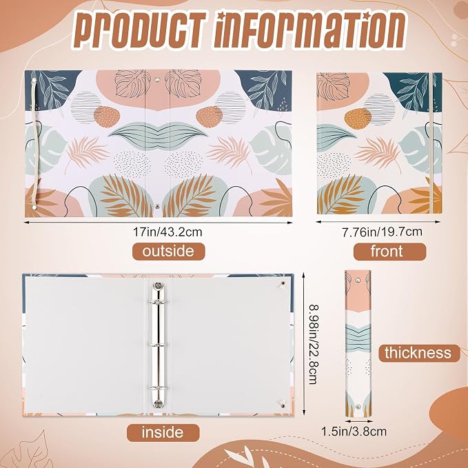 Colarr 4 Pcs Mini 3 Ring Economy Binders for 5.5" x 8.5" Paper for School, Office and Home Use, Cute Boho Leaves Small 1 Inch Round Three Ring A5 Binders with Elastic Cord, Decorative Hardcover