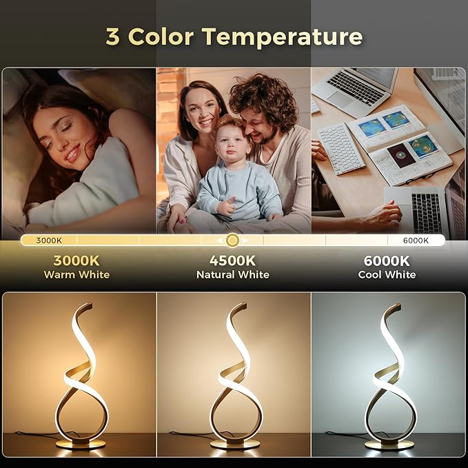 Unique Bedside Table Lamp, LED Touch Dimmable Spiral Desk Light | 3 Color Temperature Modern Nightstand Light, Side Light for Living Room, Bedroom, Gold
