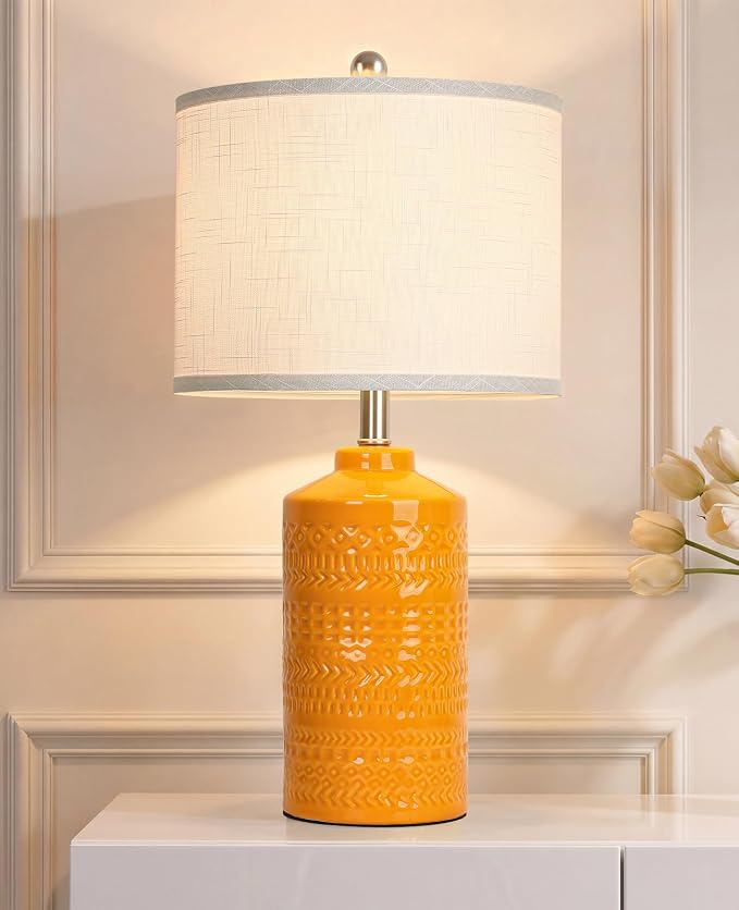JUNNAI 25" Modern Orange Ceramic Table Lamp for Living Room Nightstand 3-Way Dimmable Farmhouse Lamp for Bedroom Bedside Entryway Tabletop Office with White Slub Fabric Lampshade (Bulb Included)