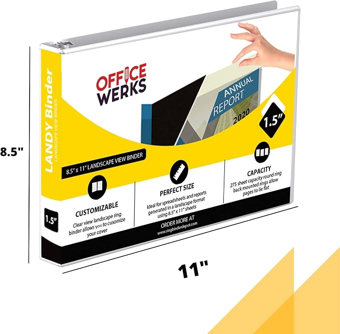 4 Pack of 8.5" X 11" Landscape View Binder, 3-Ring 1.5 Inch Capacity Round Ring, White Horizontal Formatted with Clear Cover Pockets for Documents, Spreadsheets, Projects and More