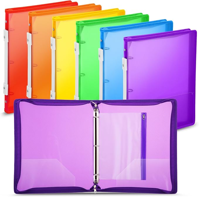 Fulmoon 6 Pack 1 Inch Zipper Binder, 3 Ring Binder with 2 Interior Pockets, Plastic Pencil Pouch, Expanding File Zippered Holds 8.5''x11'' for Projects, Assignments, Memos, School Work (Colorful)