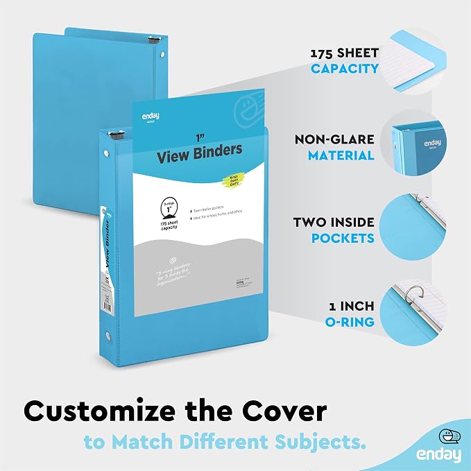 Enday 1 Inch Binder (6 Pack - Blue) 3 Ring Binder 1 inch with Clear View Cover and 2 Inside Pocket - for Letter Size 8.5 x 11'' Paper, Ideal for School Supplies, Office, and Home