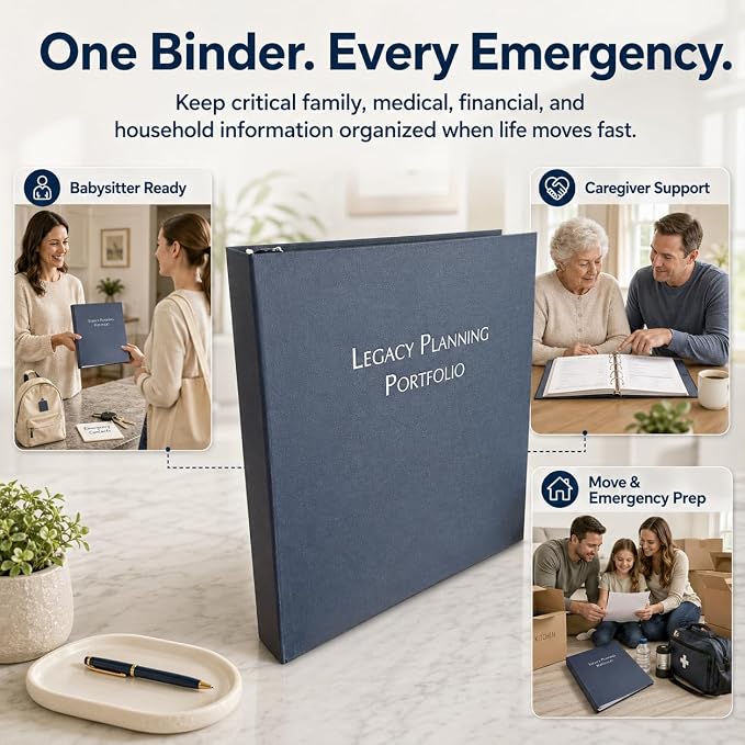 TRS Legacy Planning Portfolio | Important Documents Organizer Binder Kit, Family Emergency Organizer for Medical, Insurance, Passwords & Pets, 1.5" D-Ring with Pre-Labeled Tabs | Charcoal Gray Linen