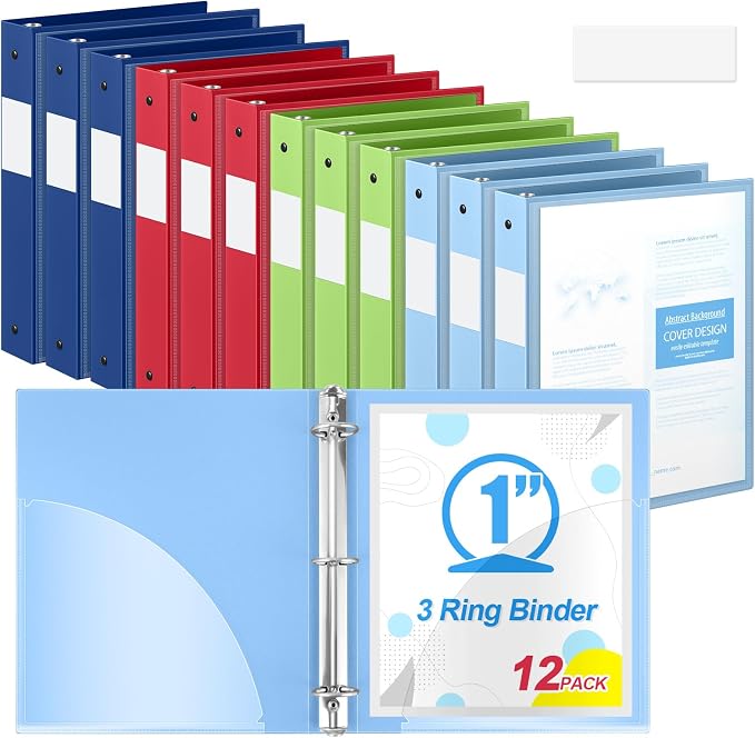 Henoyso 1 Inch 3 Ring Binders with Clear Front Cover and 2 Pockets, Round Ring Binders Fits 8.5'' x 11'' Letter Size Paper for School Office Supplies, 12 Pack (Assorted Fresh Color)