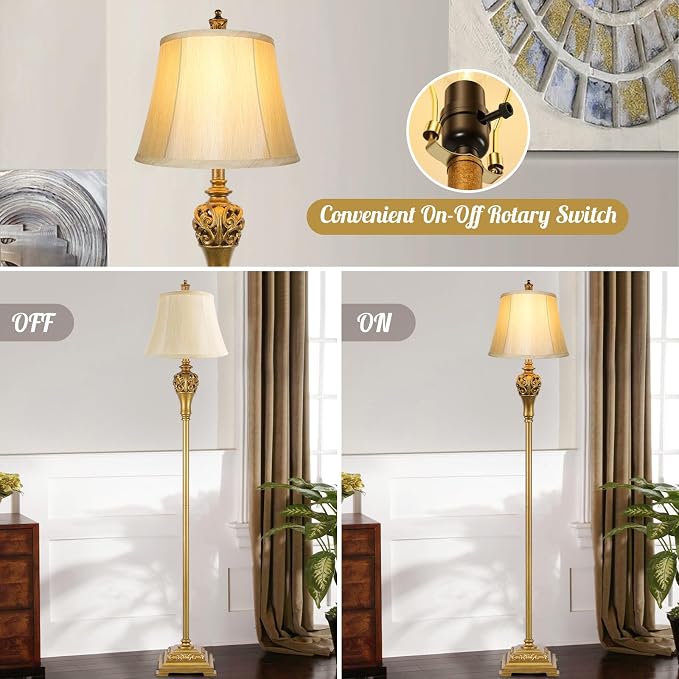 Vintage Floor Lamp for Living Room, Traditional Tall Standing Lamp | Eye-caring Faux Silk Shade, Stable Antique Base, Farmhouse Rustic Design, Bright Floor Lighting