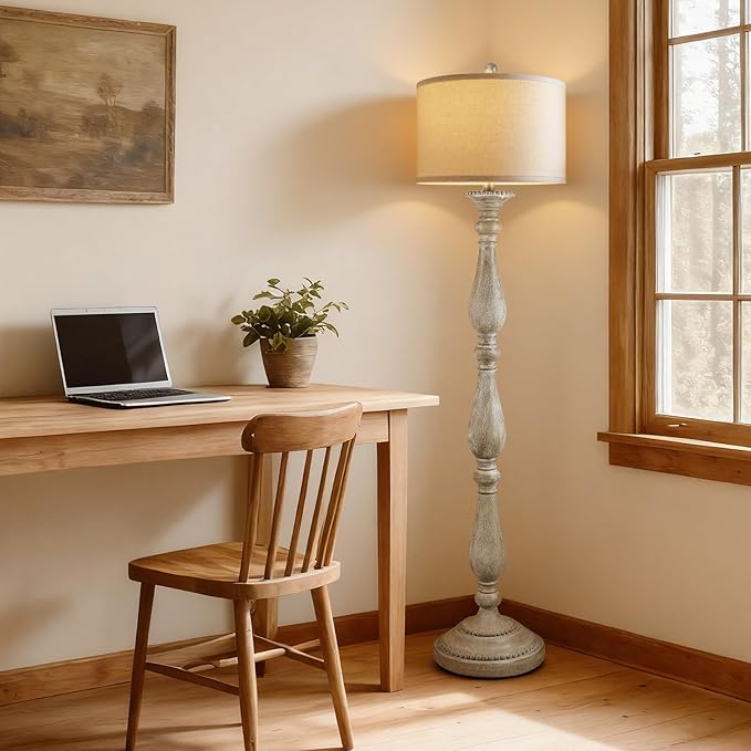 Vintage Floor Lamp for Living Room, Rustic Farmhouse Standing Lamp with Rotary Switch and Linen Shade, Retro Resin Floor Lamp for Bedroom, Corner, Dining Room, House Decor, Grey