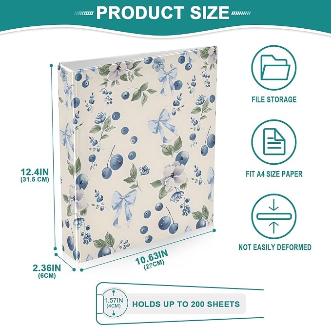 3 Ring Binder Blueberry Blue Bow 1.5 inch Binders Three Ring Binders with Clipboard Fit 8.5'' x 11'' Paper 3 Interior PVC Clear Pockets for Office Supplies