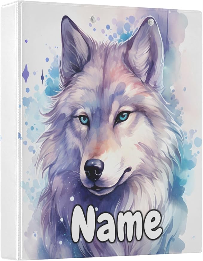 Custom 3 Ring Binder Wolf Watercolor 1.5" Round Ring Binders Personalized Name View Binder with 200 Sheet for Kids School Supplies Women Men Office, 1 Pack