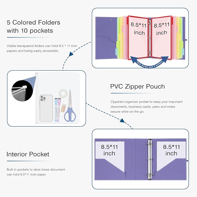 Ospelelf 2 Inch 3 Ring Binder Organizer with Zipper Pouch, Purple Linen Clipboards Portfolio (8.5" x 11"), 5 Plastic Folders with 10 Pockets, Hardcover School Binder