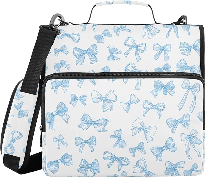 Aslsiy Zipper Binder Bag for Girls Boys Coquette Blue Ribbon 1.5 inch 3-Ring Binder Organizer Bow Watercolor with Shoulder Strap for School Office Supplies