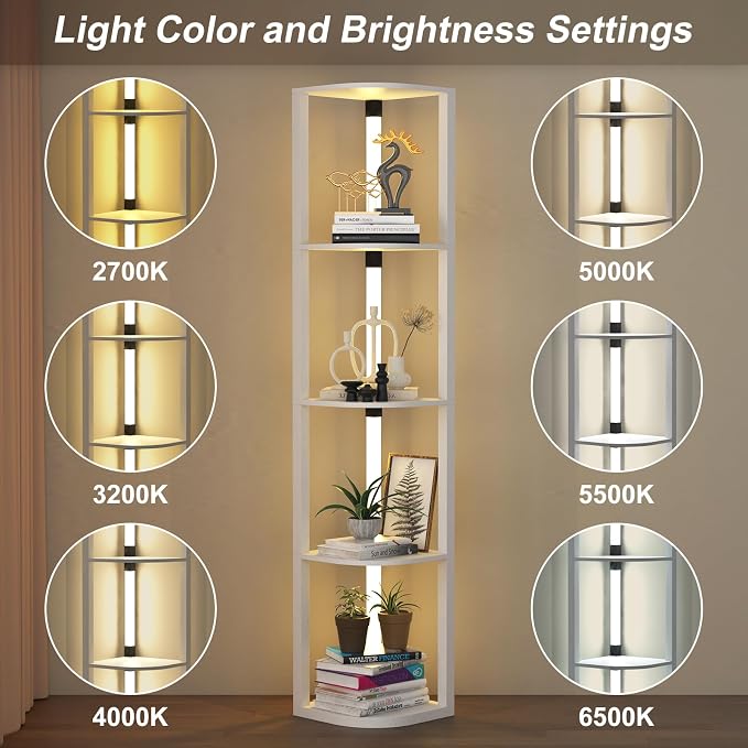 VTRIN Corner Shelf with Light, Floor Lamps with Shelves for Living Room, Small Space, Modern Home Decor Stand Sturdy 5-Tier Corner Bookshelf Cabinet Display Shelf for Collectibles, White