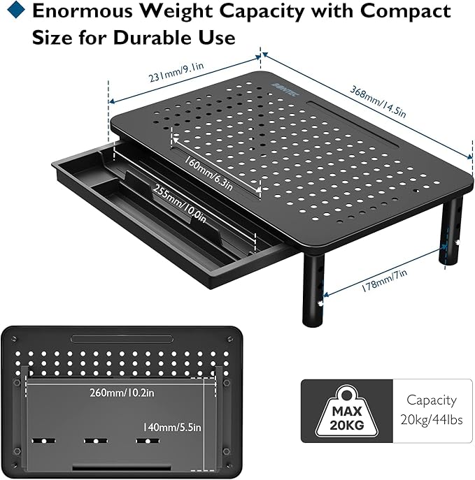 BONTEC 2 Pack Adjustable Monitor Stand Riser with Drawer, Supports 44lbs | Ergonomic Mesh Platform for Desk, Ventilated Laptop and PC Use with Cable Management for a Cooler, Organized Workspace