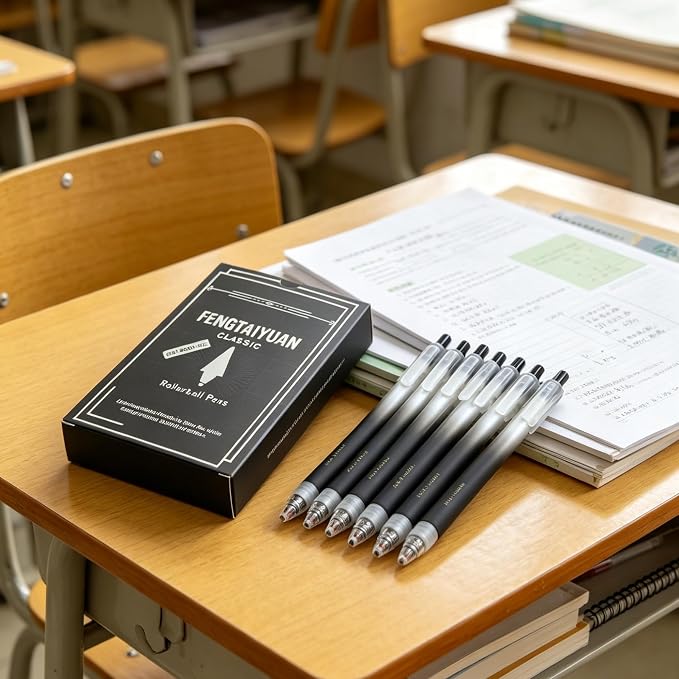 Fengtaiyuan Retractable Gel Pens, 0.5mm Bullet Point Fast Drying Black Ink, Frosted Gradient Triangular Ergonomic Barrel Writing Pens for School Exam Office Note Taking [Pack of 6]