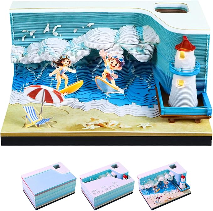 3D Time Piece Calendar, 2027 Desk Calendar With LED Light, 3d Tree Memo Pad Creative Desk Calendar, Christmas Gift for Colleague Friend, Desktop Decoration (Surf)