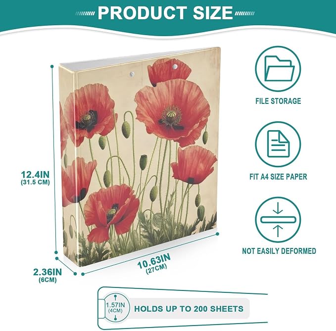 3 Ring Binder Red Poppy Flowers Vintage Poppies Floral 1.5 inch Binders Three Ring Binders with Clipboard Fit 8.5'' x 11'' Paper 3 Interior PVC Clear Pockets for Office Supplies