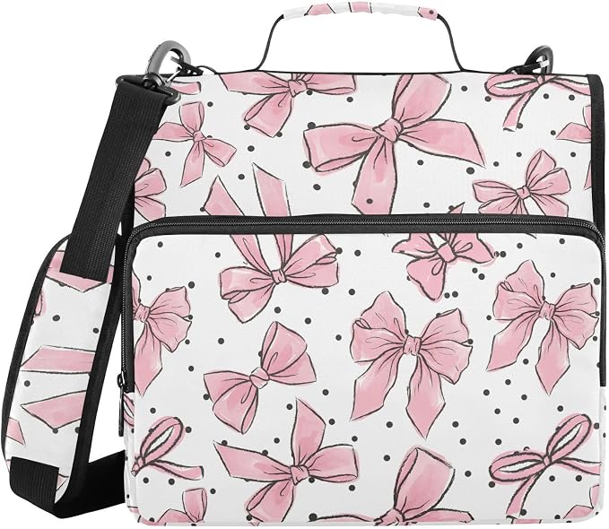 Pink Bows Dots 3 Ring Binder Bag 1.5 inch Binder Organizer with Zipper Shoulder Strap 500 Sheet Documents Storage for School Office